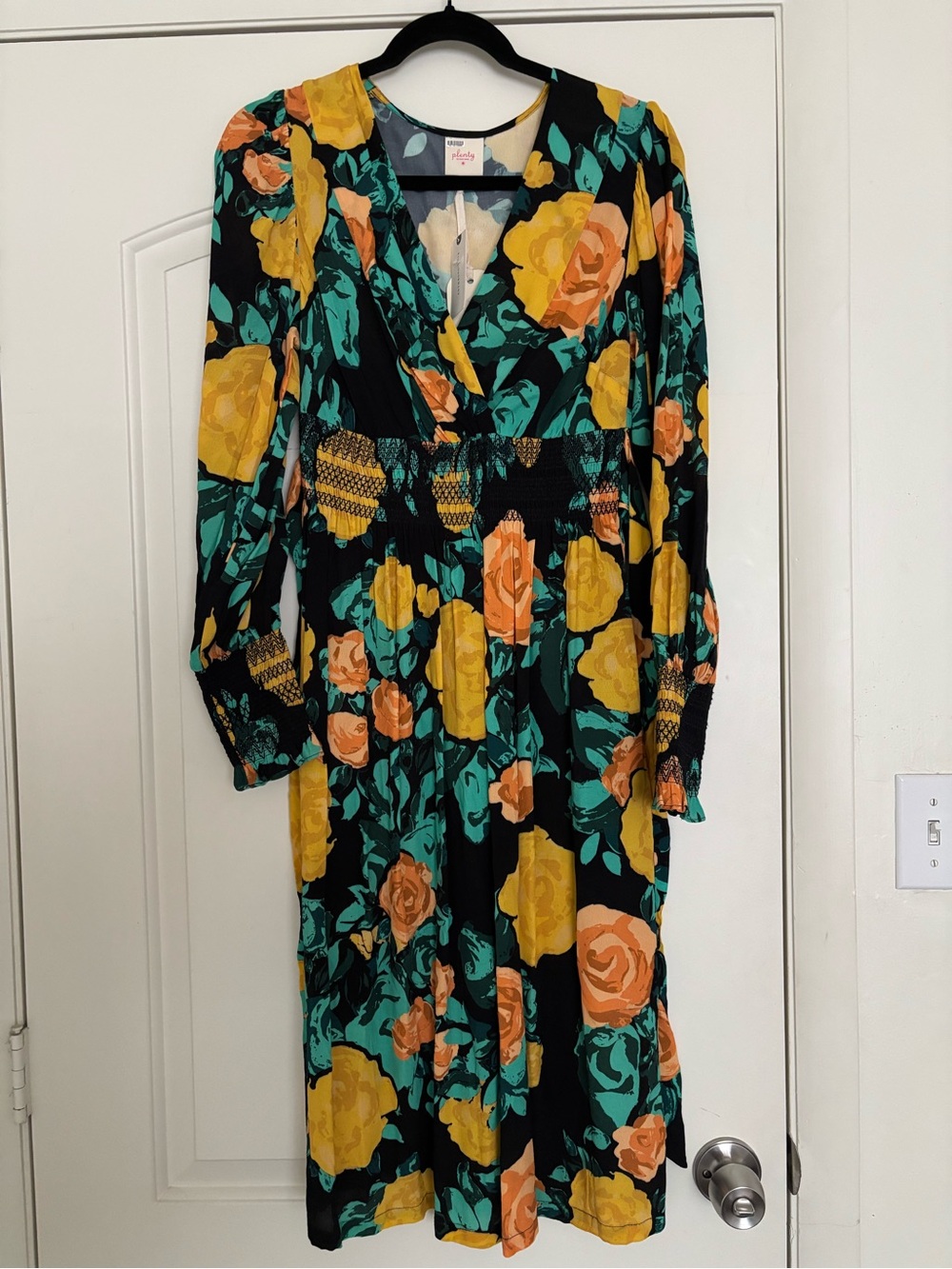 Anthropologie Black Floral Long Sleeve Midi Dress with Yellow & Teal Blooms